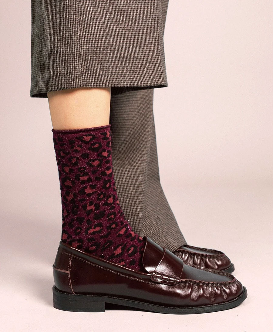 Glitzer Socken Lyocell - Leopard Dunkelrot