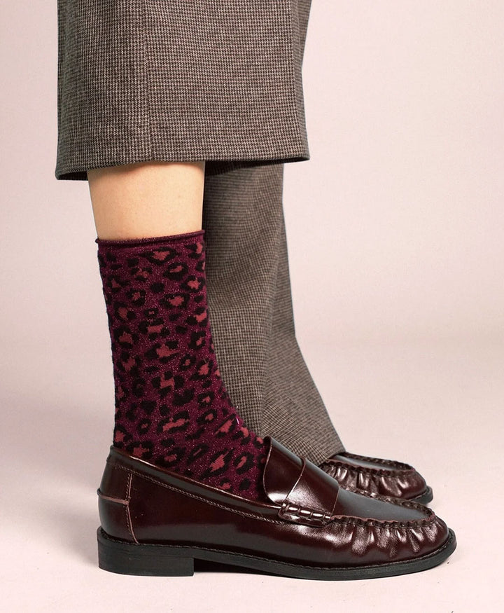 Glitzer Socken Lyocell - Leopard Dunkelrot