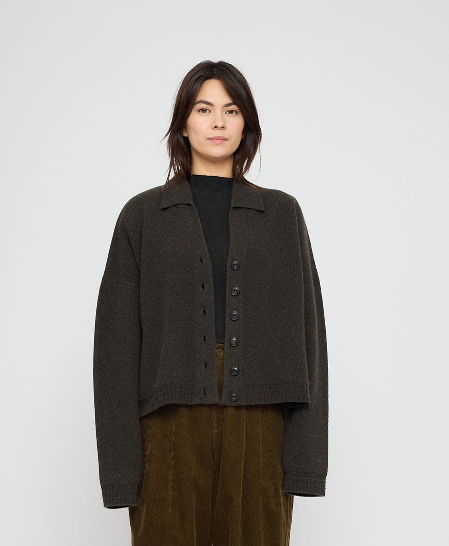 Strickcardigan Collared Cropped Cardigan - Olivbraun