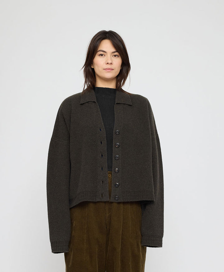 Strickcardigan Collared Cropped Cardigan - Olivbraun