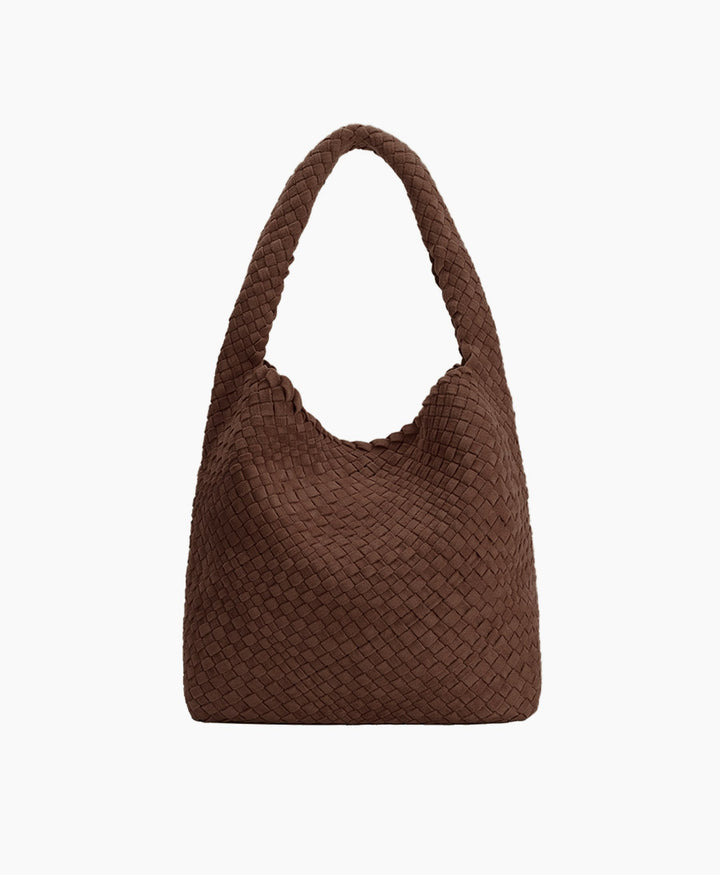 Gewebte Schultertasche JOHANNA aus veganem Leder - Tabak Suede