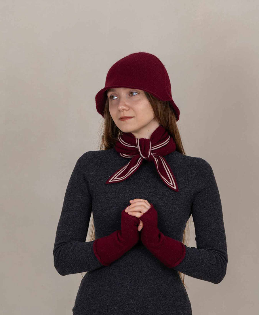 Kleiner Gestrickter Schal / Foulard aus Kaschmir - Dunkelrot / Weiss