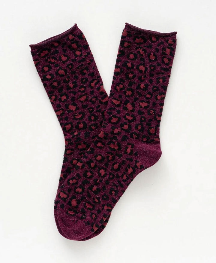Glitzer Socken Lyocell - Leopard Dunkelrot
