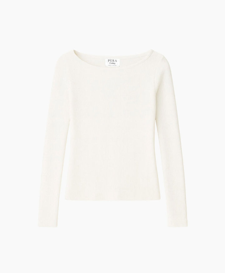 Merino Langarm-Shirt mit U-Boot-Ausschnitt - Weiss