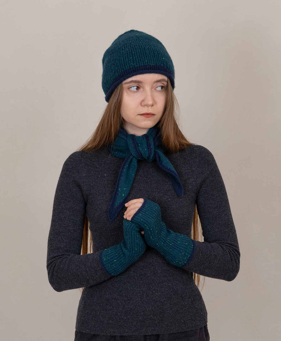 Kleiner Gestrickter Schal / Foulard aus Kaschmir - Petrol / Blau