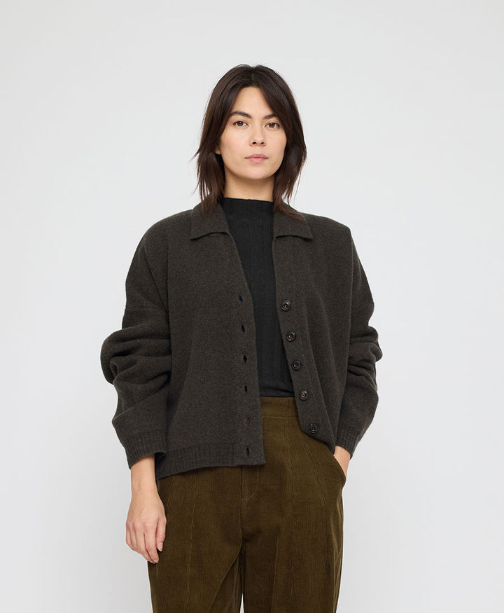 Strickcardigan Collared Cropped Cardigan - Olivbraun