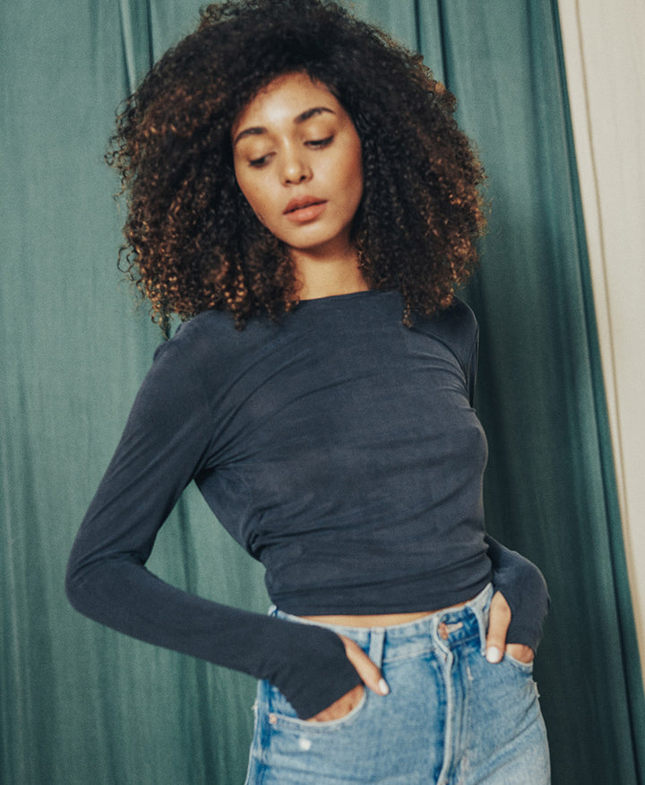 Wickeltop / Wrap Top aus Cupro Jersey - Anthrazit